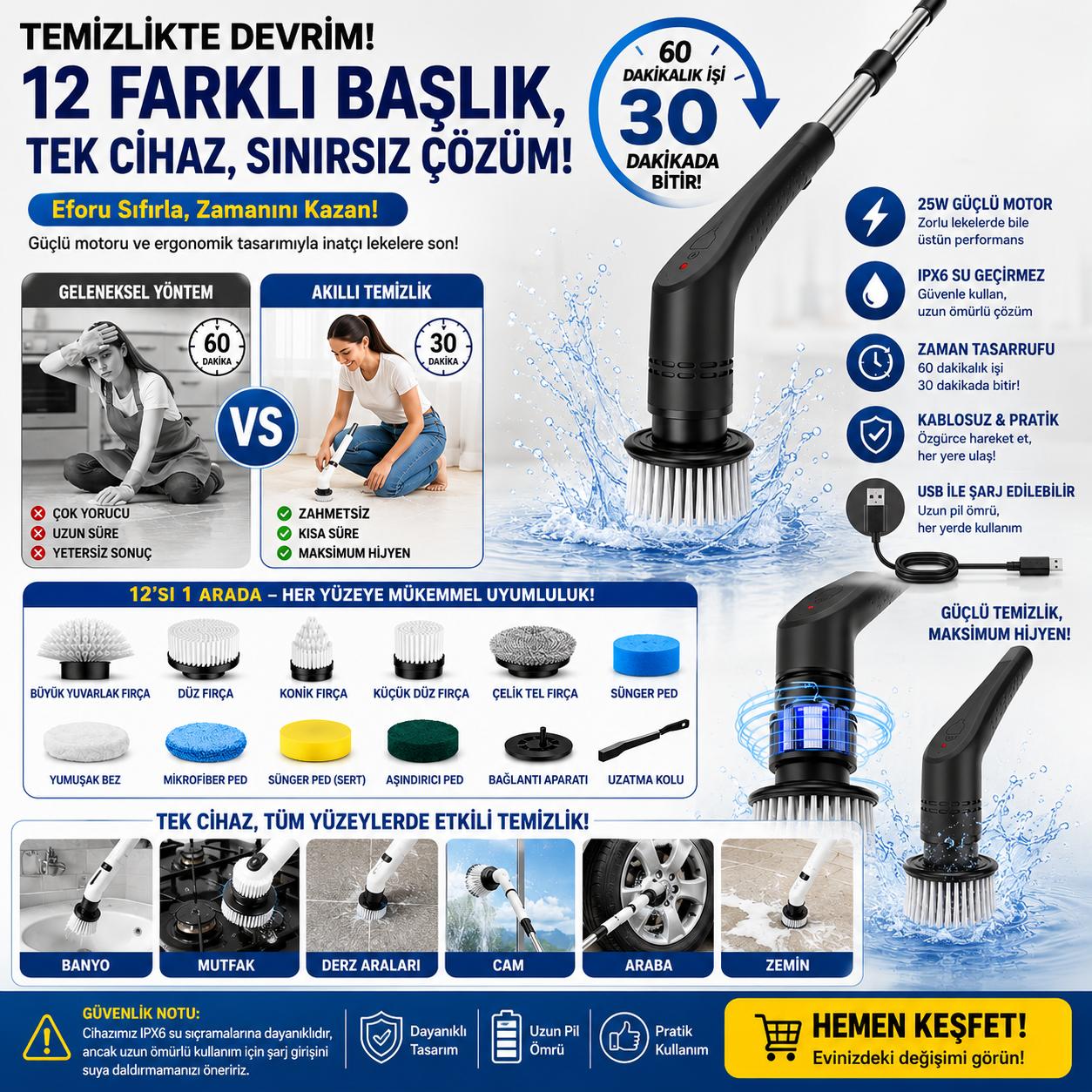 Elektrikli temizlik fırçası - 12 farklı başlık ve tüm yüzeyler